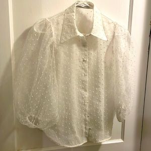 Zara Sheer white with white polka dot  1/4 sleeve blouse   Xs